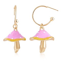 Pink Enamel Mushroom Dangle Stud Earrings, Gold Plated Alloy  Half Hoop Earrings for Women, Pink, 47x24.5mm, Pin: 0.7mm