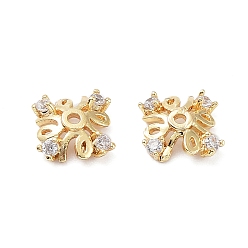 Real 18K Gold Plated Rack Plating Brass Cubic Zirconia Bead Cap, 4- Petal Flower, Real 18K Gold Plated, 9x9x2.5mm, Hole: 1mm