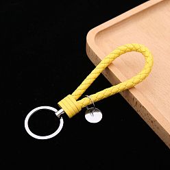 Yellow PU Leather Knitting Keychains, Wristlet Keychains, with Platinum Tone Plated Alloy Key Rings, Yellow, 12.5x3.2cm