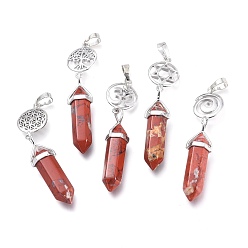 Red Jasper Natural Red Jasper Pointed Big Pendants, Double Terminated Pointed, with Platinum Plated Brass Findings, Faceted, Bullet, 59~67x14~15mm, Hole: 7x5mm, Gemstone: 41~44x8mm