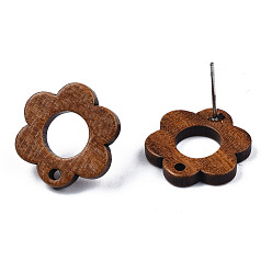 Peru Walnut Wood Stud Earring Findings, with Hole and 304 Stainless Steel Pin, Hollow Flower, Peru, 17.5x17.5mm, Hole: 1.6mm, Pin: 0.7mm