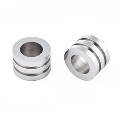 Stainless Steel Color 316 Surgical Stainless Steel European Beads, Large Hole Beads, Grooved Beads, Column, Stainless Steel Color, 12x8mm, Hole: 7mm