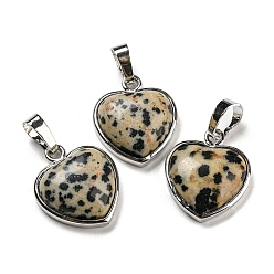 Dalmatian Jasper Natural Dalmatian Jasper Pendants, Heart Charms with Platinum Plated Brass Snap on Bails, 20.5x17.5x7mm, Hole: 4x8mm