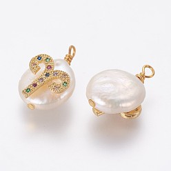 Aries Natural Cultured Freshwater Pearl Pendants, with Brass Micro Pave Cubic Zirconia Findings, Nuggets with Constellation, Golden, Colorful, Aries, 17~22x11~16x5~11mm, Hole: 1.6mm