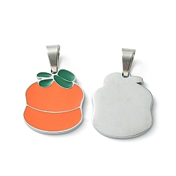 Stainless Steel Color 304 Stainless Steel Manual Polishing Pendants, with Enamel and 201 Stainless Steel Clasp, Orange Charms, Stainless Steel Color, 16.5x14x1.5mm, Hole: 3x5.5mm