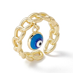 Blue Enamel Evil Eye Charm Open Cuff Ring with Enamel, Real 18K Gold Plated Brass Jewelry for Women, Lead Free & Cadmium Free, Blue, US Size 7 1/4(17.5mm)
