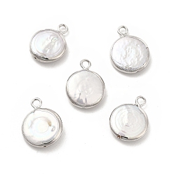 Platinum Baroque Natural Keshi Pearl Pendants, Flat Round Charms, with Brass Loops, Platinum, 15~17x11~13x3~4mm, Hole: 1.8mm