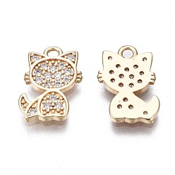 Real 18K Gold Plated Brass Micro Pave Clear Cubic Zirconia Charms, Cat, Real 18K Gold Plated, 12.5x9x1mm, Hole: 1.4mm