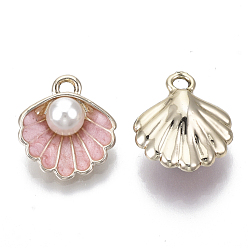 Pink Colgantes de la aleación, con perlas de imitación de plástico abs y esmalte, concha con perla, la luz de oro, rosa, 16x15x7 mm, agujero: 1.5 mm