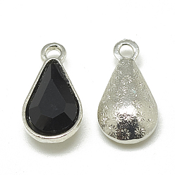 Black Alloy Glass Pendants, Faceted, teardrop, Platinum, Black, 18x10x5mm, Hole: 2mm