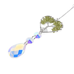 Olive Quartz Natural Olive Quartz Big Pendants, with Platinum Brass Chain Extender and Findings, Plating Glass Teardrop & Flower, Clear AB Color, Heart with Tree of Life, 130mm, Hole: 4mm