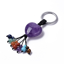 Amethyst Natural Amethyst Heart with Mixed Gemstone Tassel Keychains, with 304 Stainless Steel Ring Clasps, 8.5~9cm