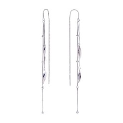 Platinum Rhodium Plated 925 Sterling Silver Leaf with Chain Tassel Dangle Earrings, Long Drop Ear Thread for Women, Platinum, 106x4.7mm, Pin: 0.8mm