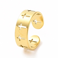Golden Ion Plating(IP) 304 Stainless Steel Hollow Out Cross Open Cuff Ring for Women, Golden, US Size 6(16.5mm)