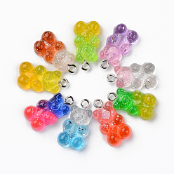 Mixed Color Transparent Resin Pendants, with Glitter Powder and Platinum Tone Iron Loop, Bear, Mixed Color, 21x11x7mm, Hole: 1.8mm