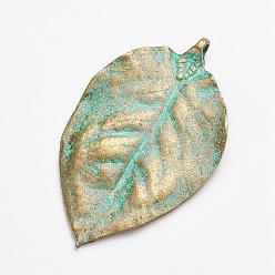 Antique Bronze & Green Patina Tibetan Style Alloy Pendants, Leaf, Antique Bronze & Green Patina, 77x46x3mm, Hole: 4mm