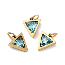 Pale Turquoise Vacuum Plating 304 Stainless Steel Pendants, with Cubic Zirconia and Jump Rings, Single Stone Charms, Triangle, Golden, Pale Turquoise, 11x9.5x3mm, Hole: 3.6mm