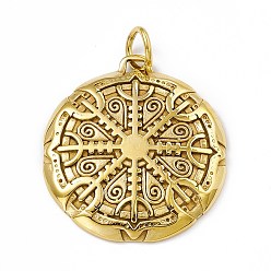 Antique Golden Ion Plating(IP) 304 Stainless Steel Manual Polishing Pendants, with Jump Rings, Flat Round with Vegvisir Charm, Antique Golden, 43x38.5x6mm, Jump Ring: 10x1.5mm, 7mm Inner Diameter