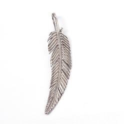 Stainless Steel Color 316 Surgical Stainless Steel Big Pendants, Feather, Stainless Steel Color, 57x12x2mm, Hole: 4x9mm