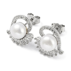 Platinum Cubic Zirconia Heart with Natural Pearl Stud Earrings, Rhodium Plated 925 Sterling Silver Earrings for Women, Platinum, 15x14mm