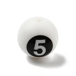 Blanc Rond avec chiffre noir 5 perles en silicone, perles à mâcher pour les jouets de dentition, Diy soins infirmiers colliers faisant, blanc, 14.5~15x14.5mm, Trou: 2mm