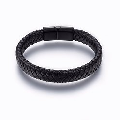 Negro Pulseras de cuero trenzado del cordón, 304 cierre magnético de acero inoxidable, Rectángulo, gunmetal, negro, 8-5/8 pulgada (22 cm), 12x6 mm