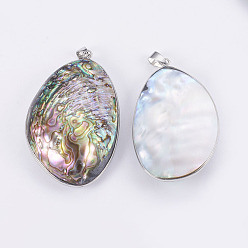 Perla de Shell Abalone shell / paua shell grandes colgantes, con fianza de bronce de tono platino, lágrima, 56~60x34~37x11~15 mm, agujero: 4.5x8 mm