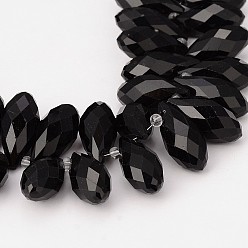 Black Faceted Teardrop Glass Beads Strands, Top Drilled Beads, Black, 20x10mm, Hole: 1mm, about 100pcs/strand, 16 inch
