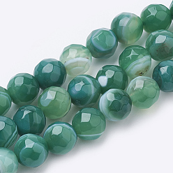 Teal Natural Striped Agate/Banded Agate Beads Strands, Dyed, Faceted, Round, Teal, 6mm, Hole: 1mm, about 62pcs/strand, 15.3 inch