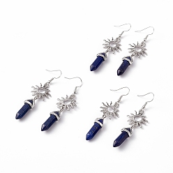 Lapis Lazuli Balle de lapis-lazuli naturel avec boucles d'oreilles pendantes soleil, Boucles d'oreilles longues en laiton platine pour femme, 60mm, pin: 0.6 mm