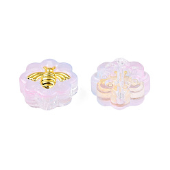 Chardon Perles de verre peintes par pulvérisation transparent, avec les accessoires en laiton plaqués or, fleur avec abeilles, chardon, 12x12x5mm, Trou: 1mm