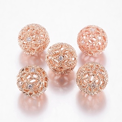 Rose Gold Brass Cubic Zirconia Beads, Round, Rose Gold, 12mm, Hole: 1mm