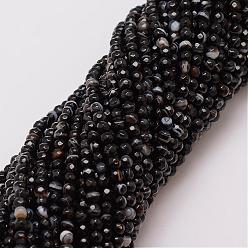 Noir Agate à rayures naturelles / brins de perles d'agate, teint, facette, ronde, noir, 4mm, Trou: 0.8mm, Environ 90~92 pcs/chapelet, 14 pouce