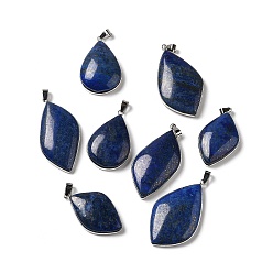 Lapis Lazuli Pendentifs teints en lapis-lazuli naturel, charmes de feuilles, avec placage à crémaillère apprêts en laiton plaqué platine, sans cadmium et sans plomb, 35.5~46.5x22~27x6.5~8.5mm, Trou: 5.4x4mm