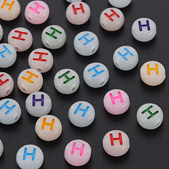 Letter H Acrylic Beads, Glow in the Dark, with Enamel and Luminous, Horizontal Hole, Flat Round with Alphabet, Letter.H, 6.5x7x4mm, Hole: 1.6mm, about 3600pcs/500g