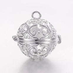 Серебро Латунные подвески с ажурной резьбой, для ожерелья, полый круглый, серебряный цвет гальваническим, 17x17.5x14.5 мм, отверстия: 1 mm, Внутренний диаметр: 11.5 mm