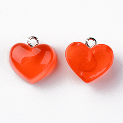 Red Transparent Resin Pendants, with Platinum Tone Iron Loop, Heart, Red, 16.5x17x9.5mm, Hole: 1.8mm