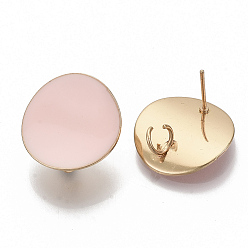 Pink Light Gold Plated Iron Stud Earring Findings, with Enamel and Loop, Flat Round, Cadmium Free & Nickel Free & Lead Free, Pink, 20.5mm, Hole: 4mm, Pin: 0.9mm