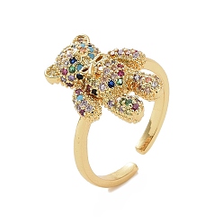 Colorful Cubic Zirconia Bear Open Cuff Ring, Golden Brass Jewelry for Women, Colorful, Inner Diameter: 18mm
