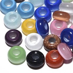Mixed Color Gemstone & Cat Eye European Beads, Large Hole Beads, Rondelle, Mixed Color, 14x7mm, Hole: 5~6mm