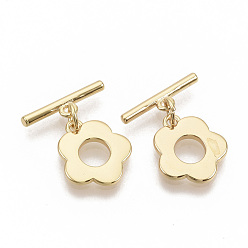 Real 18K Gold Plated Brass Toggle Clasps, with Jump Rings, Nickel Free, Flower, Real 18K Gold Plated, Flower: 14.5x13x1.5mm, Hole: 1.2mm, Bar: 16x2mm, Hole: 1.2mm, Jump Ring: 5x0.8mm.