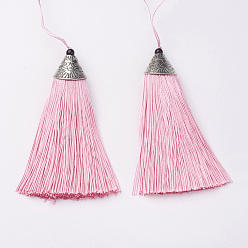 Pink Nylon pompon grandes décorations pendantes, avec du plastique ccb, argent antique, rose, 85x20x10.5mm