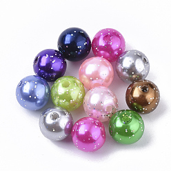 Couleur Mélangete Perles en plastique fluorescent, Perles de nacre en plastique ABS, avec de la poudre de paillettes, ronde, couleur mixte, 9.5x10mm, trou: 1.5 mm, environ 950 pcs / 500 g