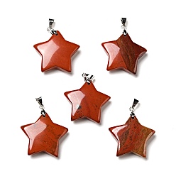 Jaspe Rouge Pendentifs naturels de jaspe rouge, avec les accessoires en laiton de tonalité de platine, charme étoiles, 29x30x8mm, Trou: 6x4mm
