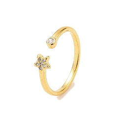 Настоящее золото 18K Открытое кольцо-манжета со звездой из прозрачного циркония, украшения из латуни для женщин, реальный 18 k позолоченный, внутренний диаметр: 16 мм