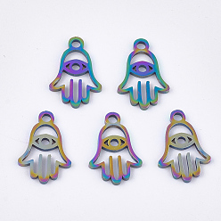 Rainbow Color Ion Plating(IP) 201 Stainless Steel Charms, Hamsa Hand/Hand of Fatima/Hand of Miriam with Eye, Rainbow Color, 14.5x10x1mm, Hole: 1.5mm