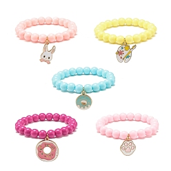 Couleur Mélangete Bracelets pour enfants extensibles en perles acryliques, bracelets à breloques en alliage d'émail de formes mixtes, couleur mixte, 1-3/4 pouce (4.5 cm), 8mm