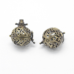 Brushed Antique Bronze Brass Rack Plating Cage Pendants, For Chime Ball Pendant Necklaces Making, Lead Free & Cadmium Free, Round with Vine, Brushed Antique Bronze, 27x24.5x20.5mm, Hole: 4x6mm, Inner: 18mm, Fit For 3mm Rhinestone