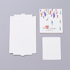 White Kraft Paper Boxes and Earring Jewelry Display Cards, Packaging Boxes, with Feather Pattern, White, Folded Box Size: 7.3x5.4x1.2cm, Display Card: 6.5x5x0.05cm