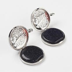 Blue Goldstone Synthetic Blue Goldstone Pendants, with Brass Diffuser Locket Findings, Flat Round with Tree, 31x25x8mm, Hole: 4mm